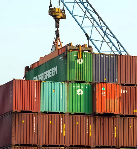 Suez Canal Egypt March 2021 Container Cargo Cranes Unloading Containers — Stock Photo, Image