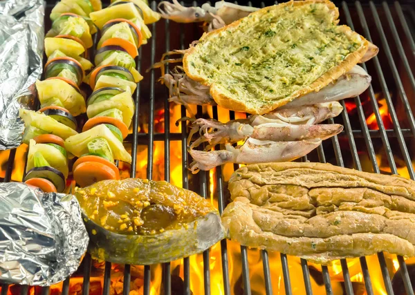 Grill cooking seafood long loaf, — Stock Photo, Image