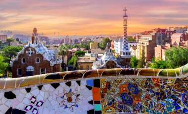sunrise Barcelona Gaudi bench mosaic