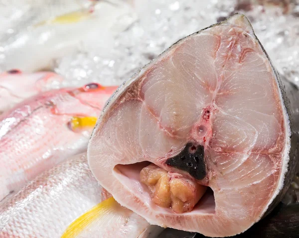 Fresh cool fish on ice at street market — Stock Photo, Image