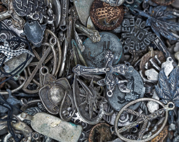 Silver amulets close up