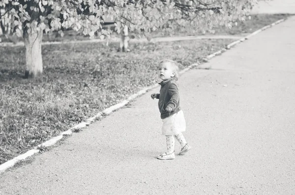 Bébé Fille Marche Dans Parc Automne — Photo