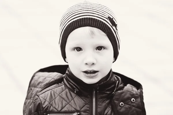 Little Boy Outdoors Wearing Hat Jacket — Stock Photo, Image