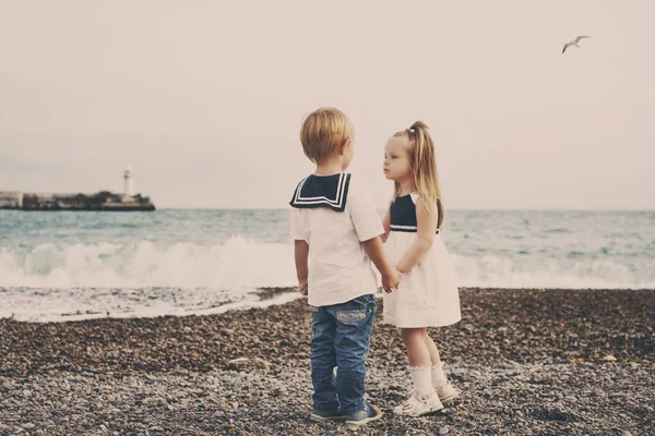 Zwei Süße Kleinkinder Fuß Der Nähe Des Meeres lizenzfreie Stockbilder