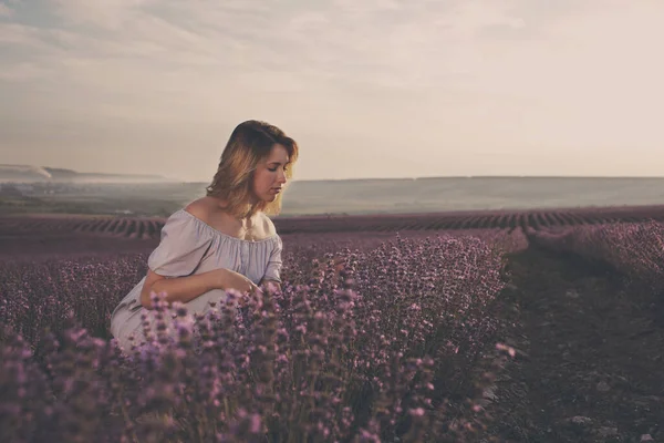 Pretty Teen Girl Walking Lavender Fiel Stock Photo