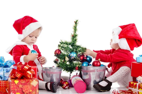 Two Funny Baby Girl Santa Helpers White — Stock Photo, Image