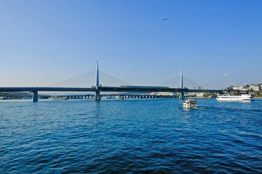 view from sea on Bosphorus and the Halic Metro Bridge, Istanbul
