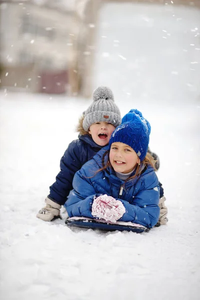 Счастливые Брат Сестра Играющие Снегу — стоковое фото