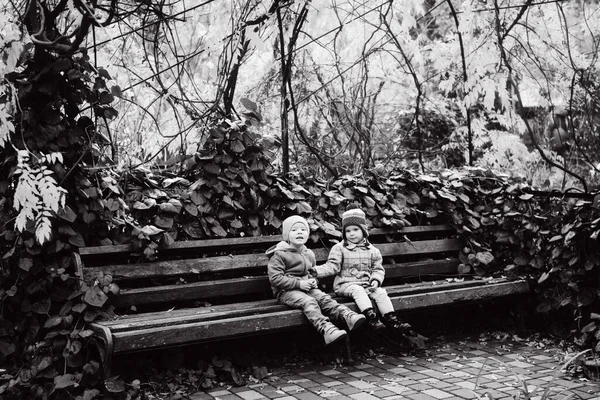 Deux Souriants Enfants Heureux Amis Garçon Fille Assis Sur Banc Images De Stock Libres De Droits