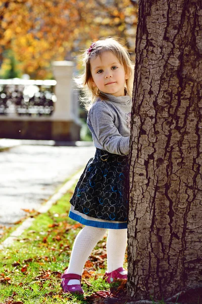 Girl hiding behind the tree — Stock Photo, Image