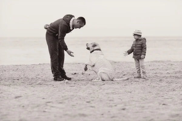 Family with dog on the beach — Stock Photo, Image