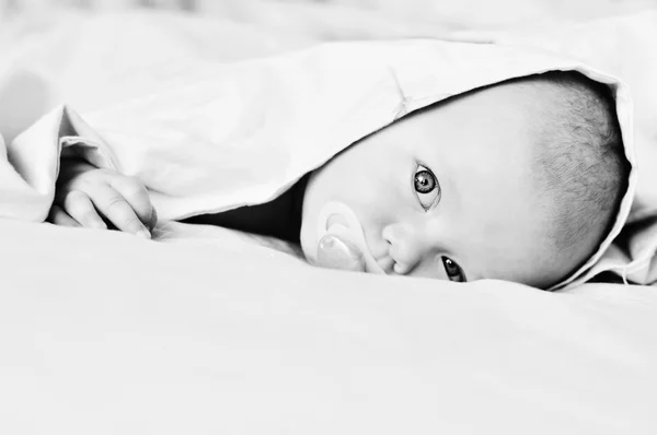 Младенец, выглядывающий под одеяло — стоковое фото