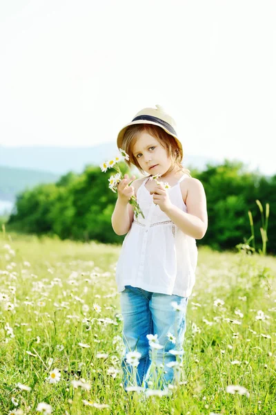 Meisje in daisy veld — Stockfoto