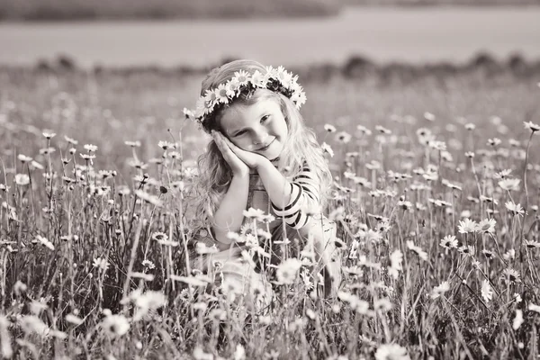 Lief meisje in daisy veld — Stockfoto