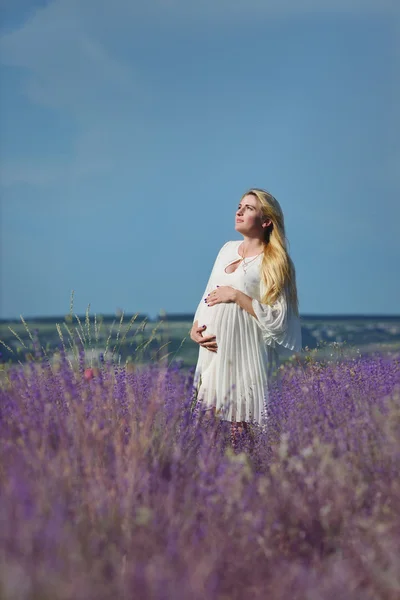 Pregnant woman in a lavender field — Stock Photo, Image