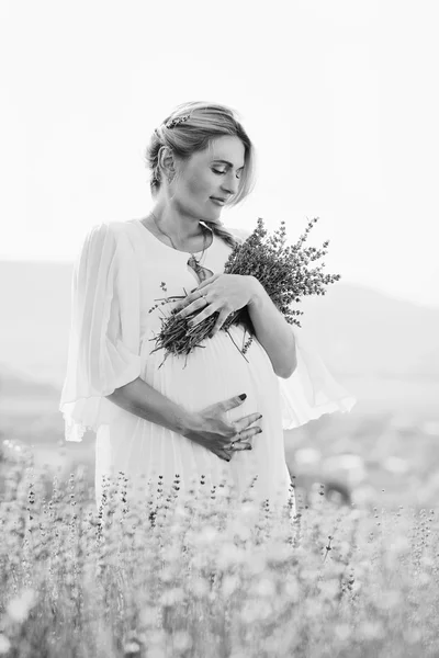 Pregnant woman in a lavender field — Stock Photo, Image