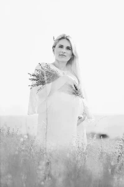 Mulher grávida em um campo de lavanda — Fotografia de Stock