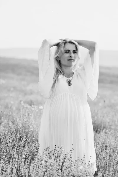 Mulher grávida em um campo de lavanda — Fotografia de Stock