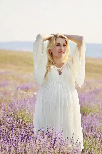 Mulher grávida em um campo de lavanda — Fotografia de Stock