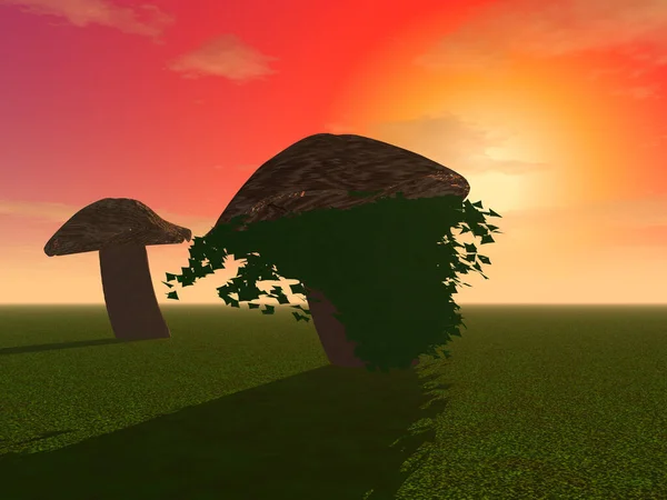 Illustration Mysterious Huge Mushrooms Sunset Background — Stock Photo, Image
