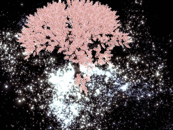 3D图解 遥远星系夜空中的神秘树 — 图库照片