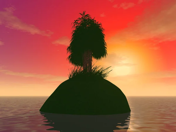 Ilustración Árbol Misterioso Una Isla Océano Contra Puesta Del Sol — Foto de Stock