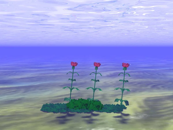 Ilustración Misteriosas Tres Rosas Submarinas Algas Marinas — Foto de Stock