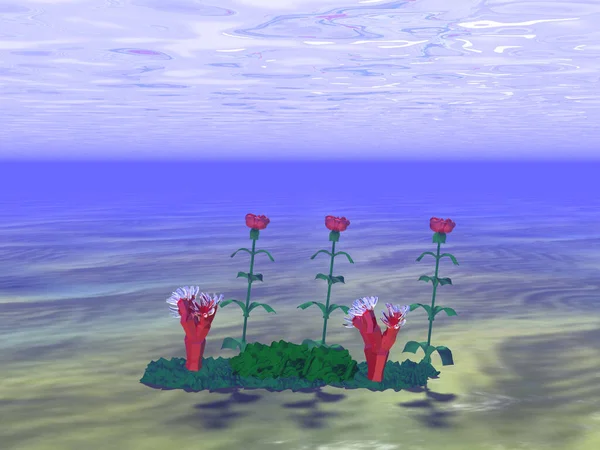 Ilustración Ramas Misteriosas Anémona Tres Rosas Sobre Agua — Foto de Stock