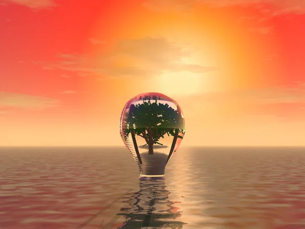Illustration Mysterious Huge Balloon Lamp Plant Ocean Surface Sunset — Stock Photo, Image