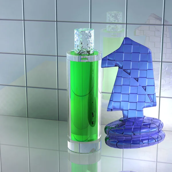 Cavaleiro de xadrez e uma garrafa de perfume — Fotografia de Stock