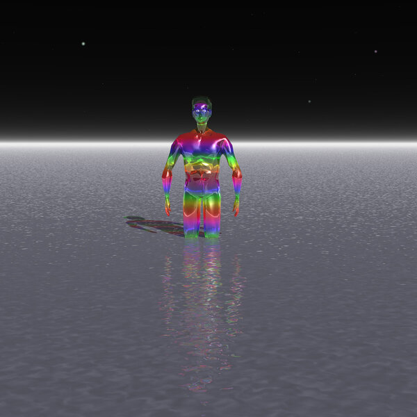 Rainbow man stands in the water