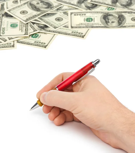 Χέρι με στυλό και χρήματα — Φωτογραφία Αρχείου