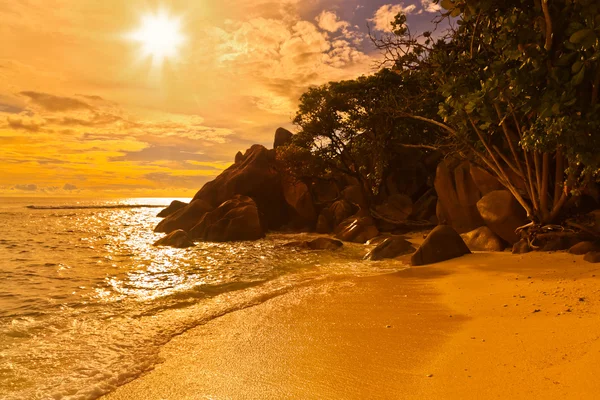 Seychelles tropical beach at sunset — Stock Photo, Image