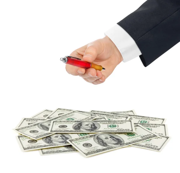 Hand with pen and money — Stock Photo, Image