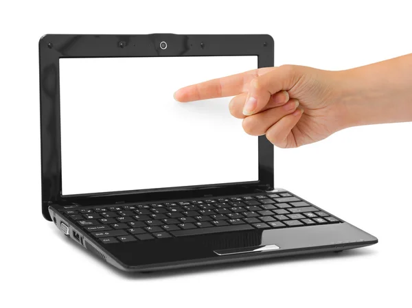 Notebook computador e apontando mão — Fotografia de Stock