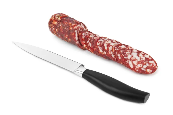 Salsiccia affettata e coltello — Foto Stock