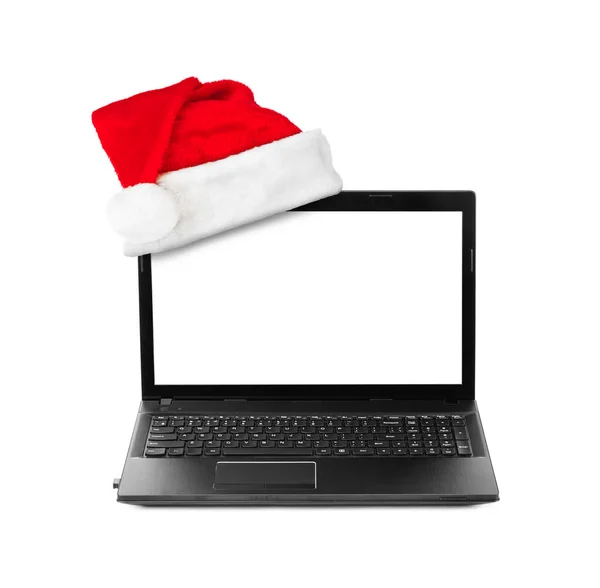 Notebook Dator Och Santa Claus Röd Jul Hatt Isolerad Vit — Stockfoto