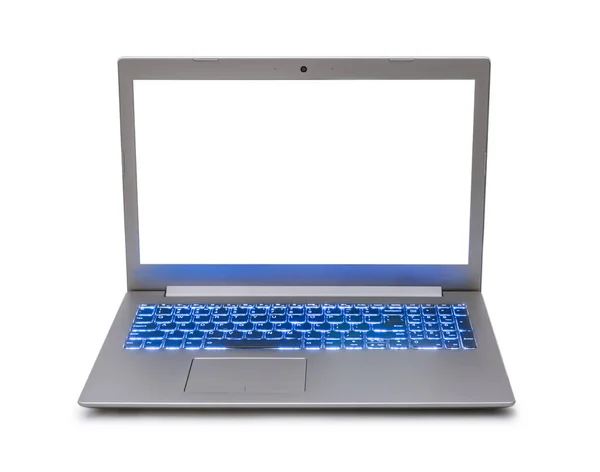 Komputer Podświetleniem Niebieskiej Klawiatury Białym Tle — Zdjęcie stockowe