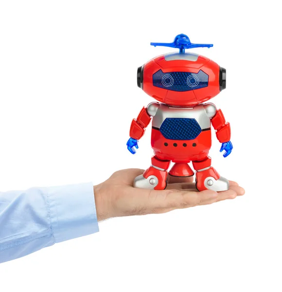 Hand Mit Spielzeugroboter Isoliert Auf Weißem Hintergrund — Stockfoto