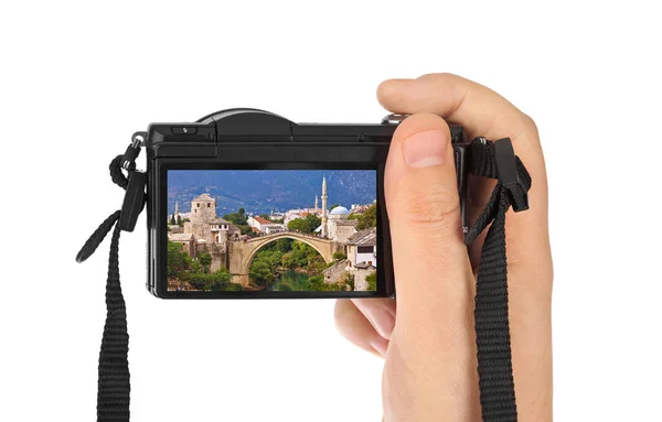 Hand Med Kamera Och Mostar Bosnien Och Hercegovina Bild Mitt — Stockfoto