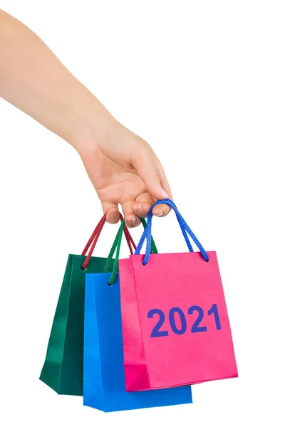 Mano Con Shopping Bags 2021 Isolato Sfondo Bianco — Foto Stock