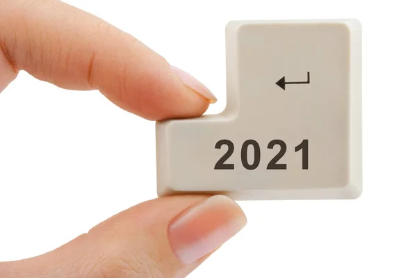 Computer Button 2021 Hand Isolated White Background — Stock Photo, Image