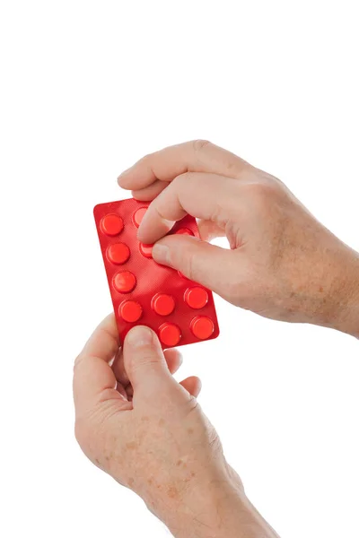 Mano Anciano Con Pastillas Aisladas Sobre Fondo Blanco —  Fotos de Stock