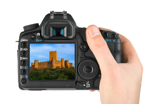 与相机和Almourol城堡手牵手 葡萄牙 我的照片 白色背景隔离 — 图库照片