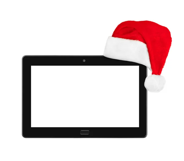 Touchpad Und Weihnachtsmann Rote Weihnachtsmütze Isoliert Auf Weißem Hintergrund — Stockfoto