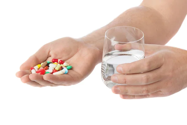 Hands Pills Water Isolated White Background — Stock Photo, Image