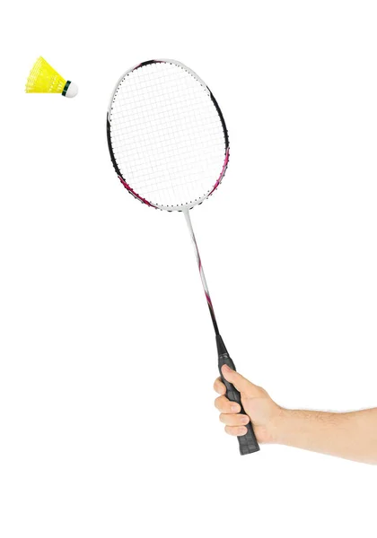 Mão Com Raquete Badminton Isolado Fundo Branco — Fotografia de Stock