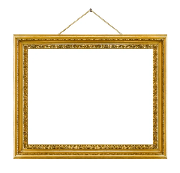 Old Wooden Picture Frame Hanging Rope Isolated White Background — Stock Photo, Image