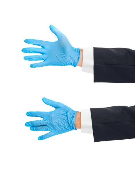 Händer Blå Medicinska Handskar Isolerad Vit Bakgrund — Stockfoto