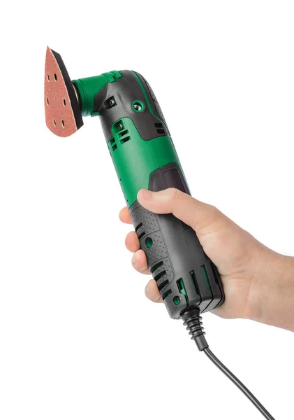 Fretsaw Elektrisch Gereedschap Met Slijpstuk Hand Geïsoleerd Witte Achtergrond — Stockfoto